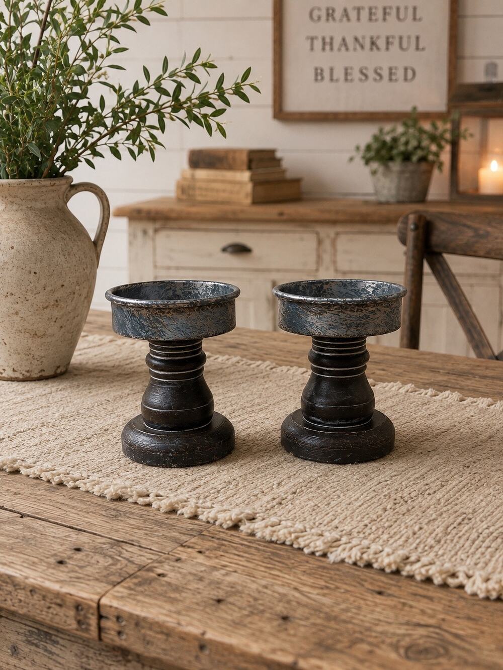 Set Rustic Farmhouse Wood Pedestal Galvanized Metal Pillar Candle Holders
